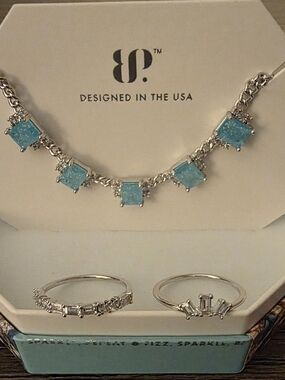 BP Silver-Tone Necklace with Aqua Blue Druzy Squares